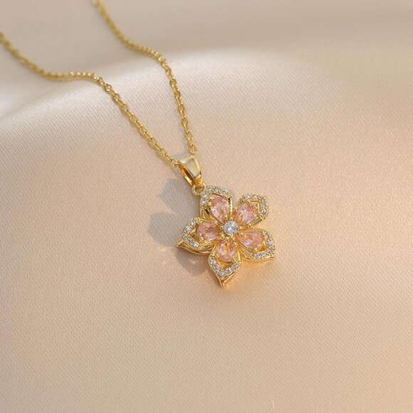 Women Gold Flower Fidget Pink Set Necklace Rotatable Crystal Blossom Pendant - Picture 4 of 7